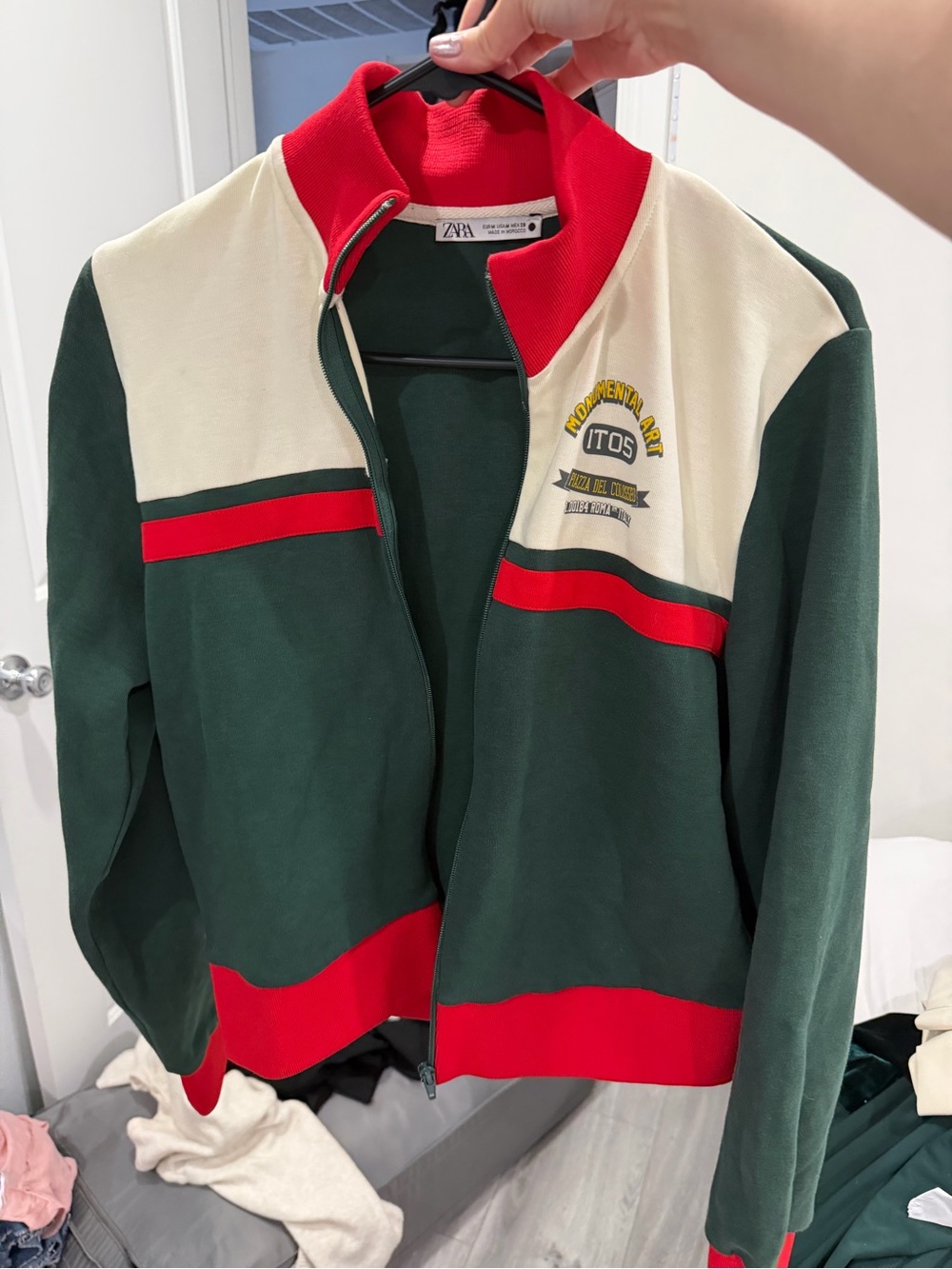 Zara Colorblock Track Jacket in Green, Cream & Red